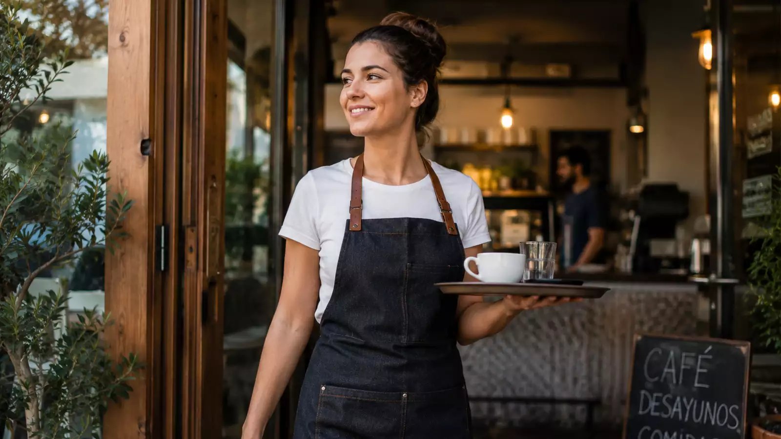 Trabajadora de cafetería reincorporándose al trabajo mientras mantiene una ayuda del SEPE