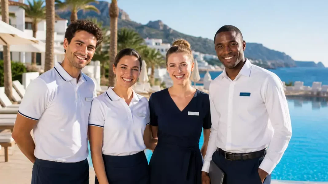 Equipo de trabajadores en un resort turístico en Europa durante la temporada de verano