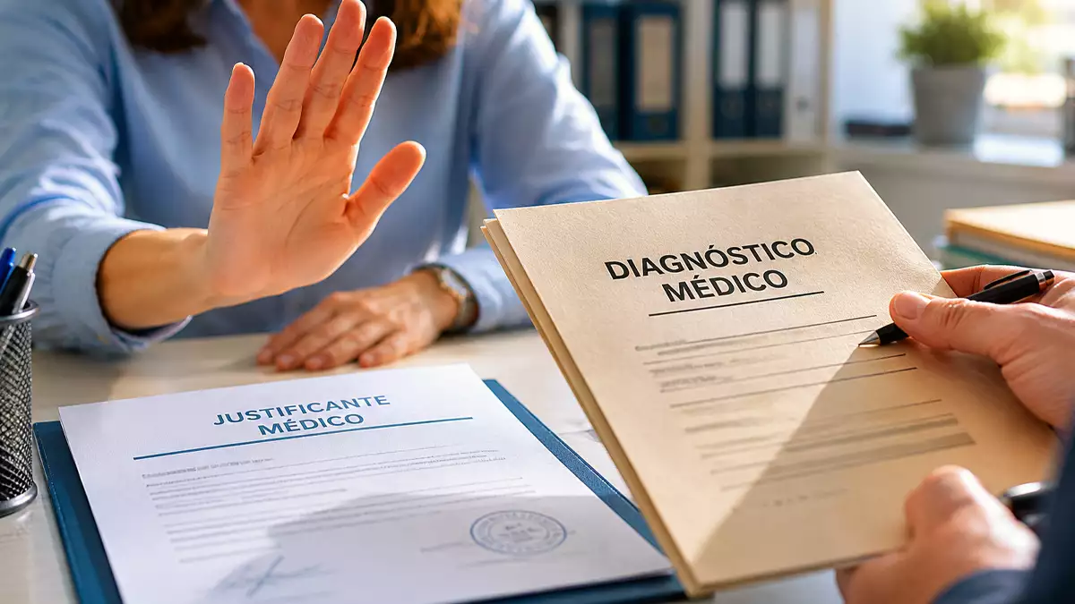 Imagen generada con inteligencia artificial que representa a un trabajador entregando un justificante médico mientras rechaza facilitar el diagnóstico y el tratamiento en un contexto de control del absentismo laboral
