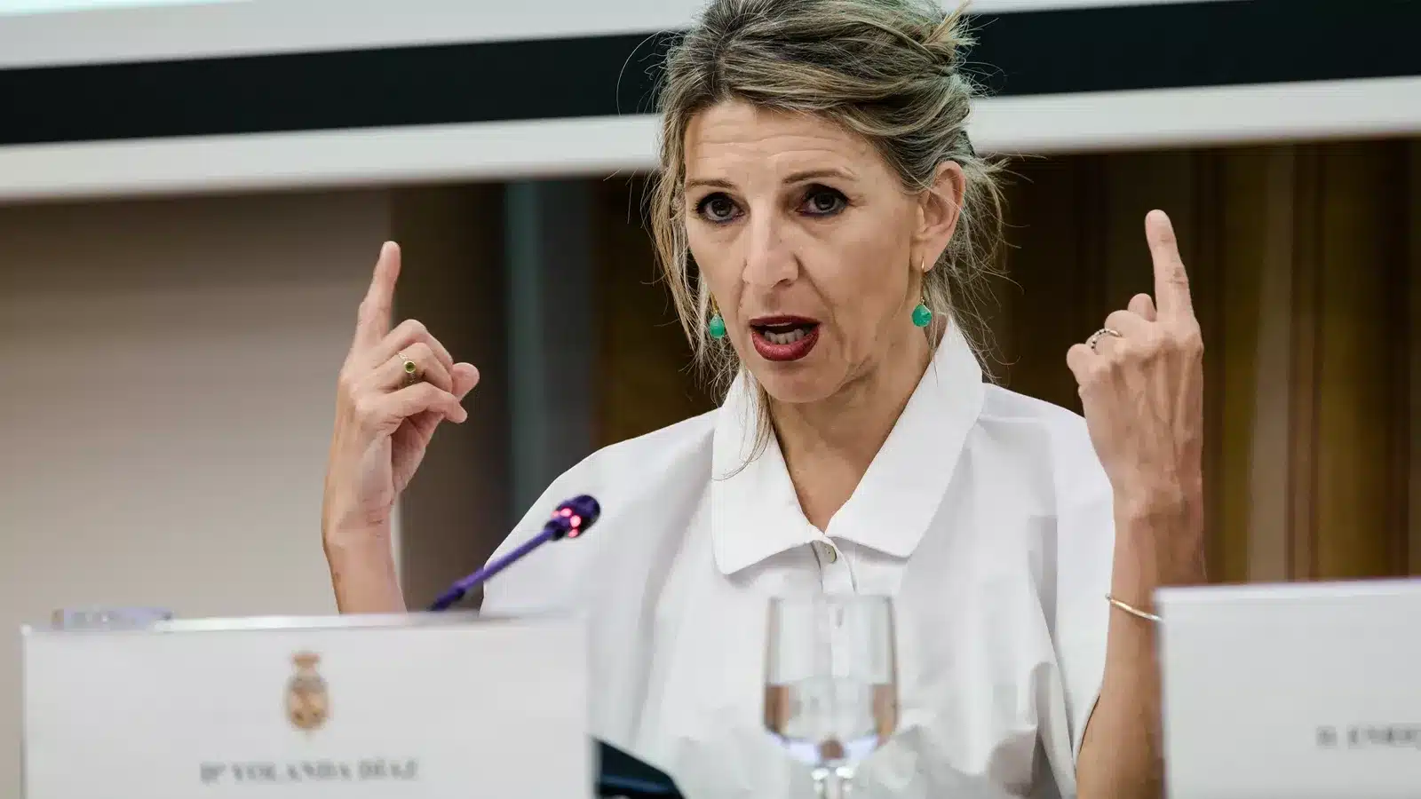 Adult woman at a panel discussion, speaking emphatically with both hands raised and index fingers pointing up, wearing a white blouse and green earrings.