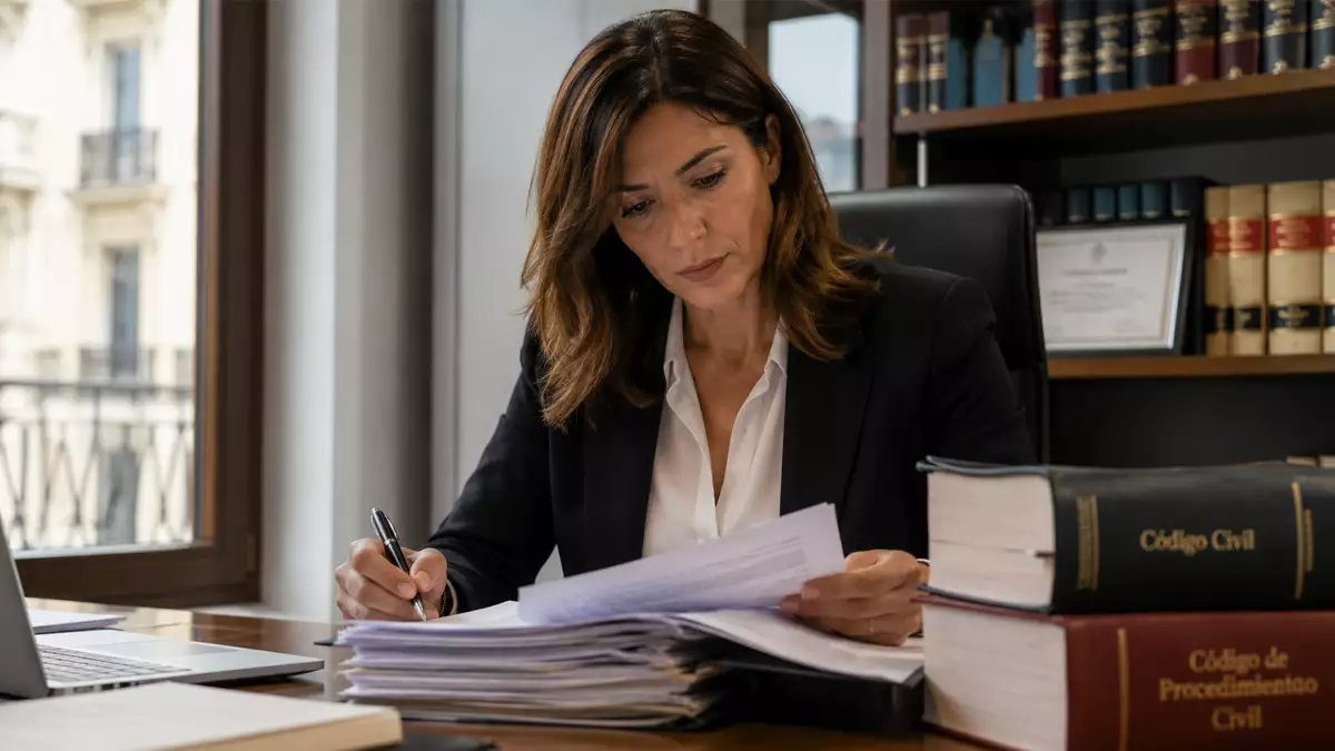 Abogada revisando documentación jurídica en su despacho