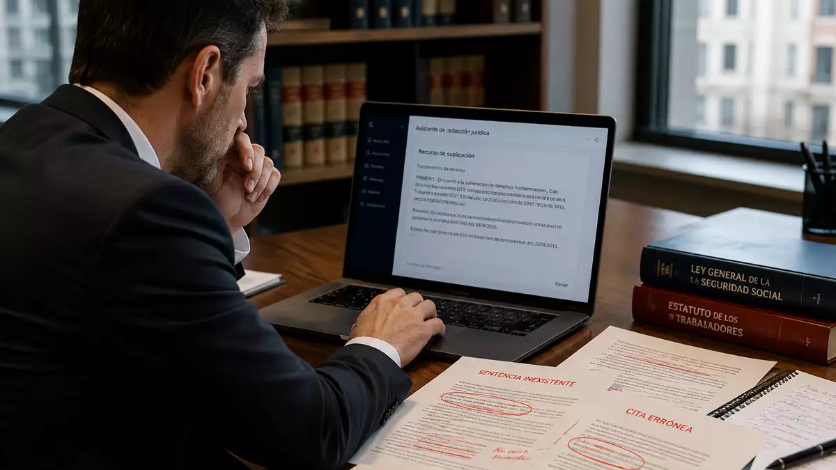 Recreación con IA de un abogado laboralista utilizando inteligencia artificial para redactar un recurso judicial en su despacho
