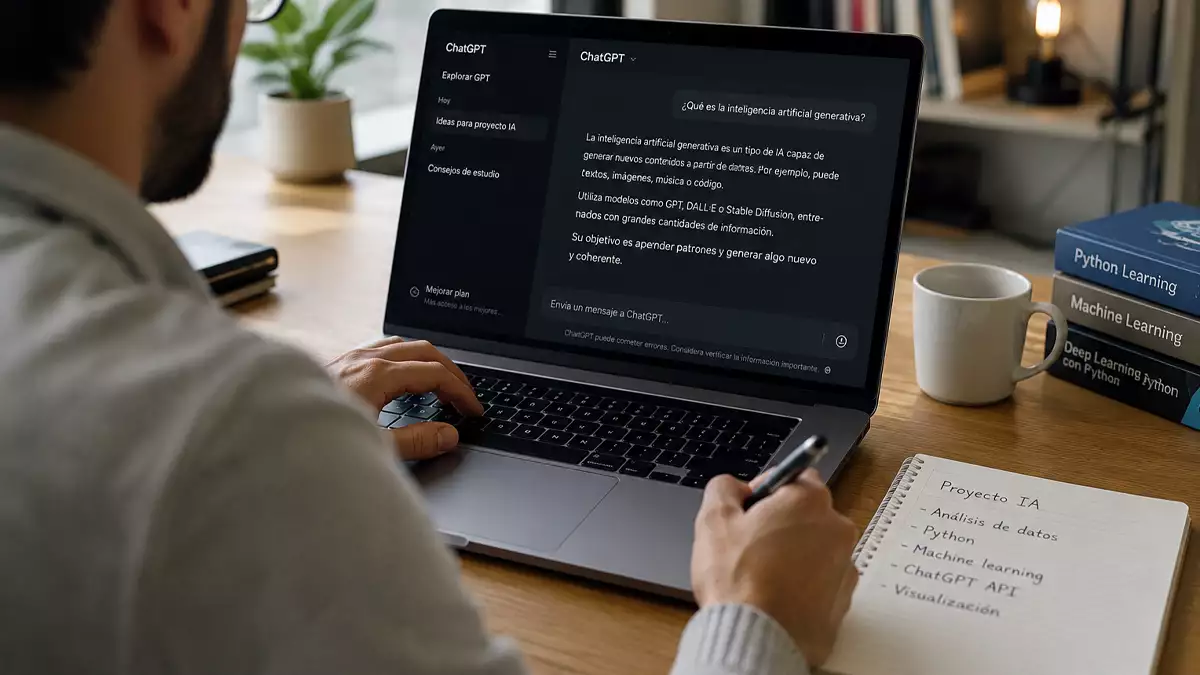 Person using a laptop at a desk with ChatGPT on screen; handwritten notes and a coffee mug nearby, plus programming books in view.