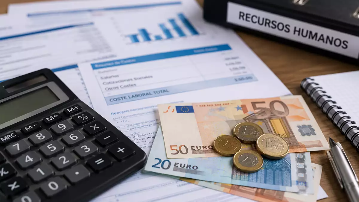 Calculadora, documentos laborales y billetes de euro en una mesa de trabajo relacionados con salarios, cotizaciones y costes laborales
