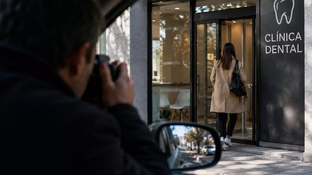 Detective privado observando desde un coche a una trabajadora entrando en una clínica dental durante una investigación empresarial relacionada con un despido disciplinario.