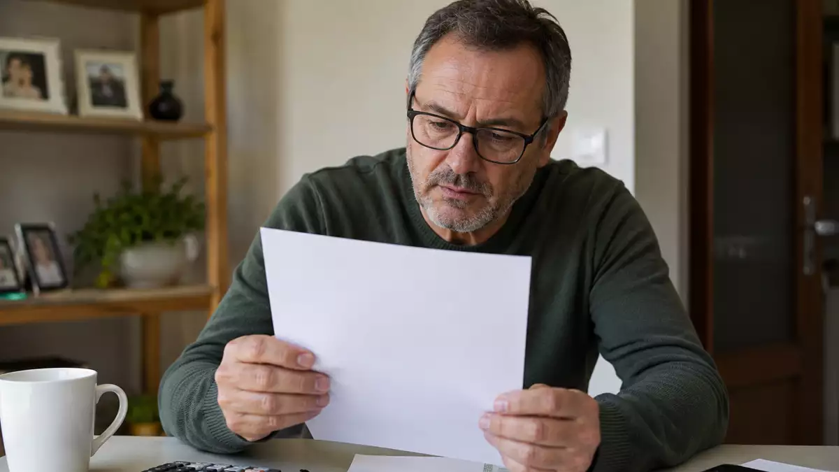 Man with glasses sits at a table, examining a blank white sheet of paper in a home setting, with a mug nearby.