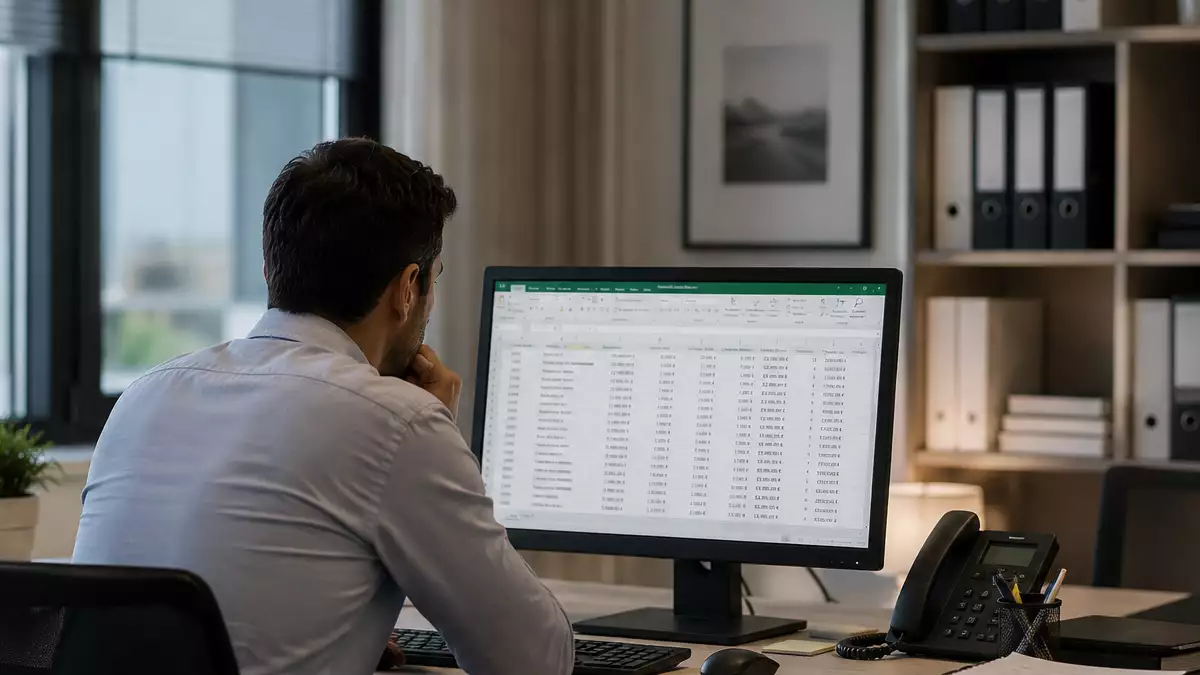 Trabajador revisando información laboral en una pantalla de ordenador en una oficina.