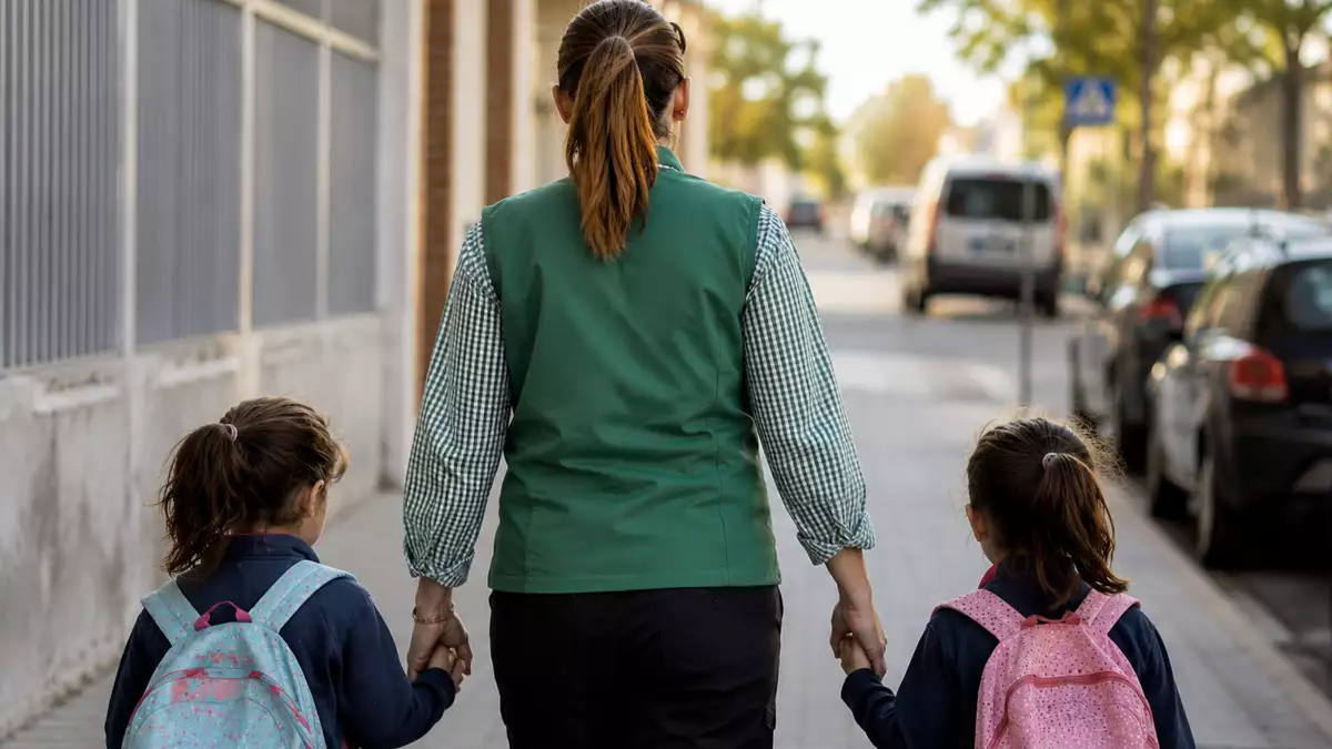 Trabajadora camina con sus dos hijas por la calle en una imagen relacionada con la conciliación de la vida familiar y laboral