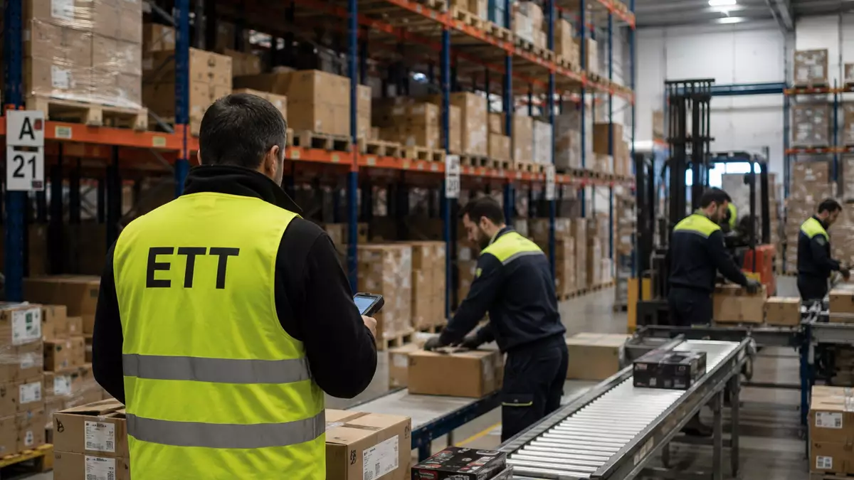 Trabajadores de una empresa y de una ETT desempeñando las mismas funciones en un almacén logístico, recreación generada con inteligencia artificial.
