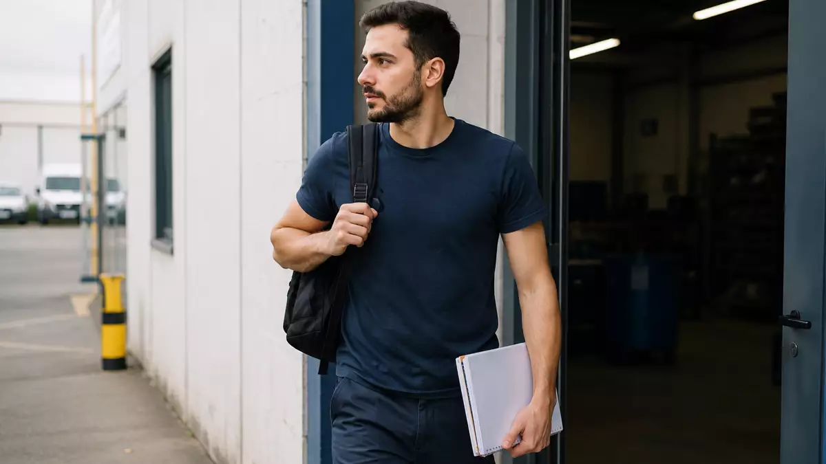 Trabajador saliendo de su puesto de trabajo con apuntes para acudir a un examen oficial.