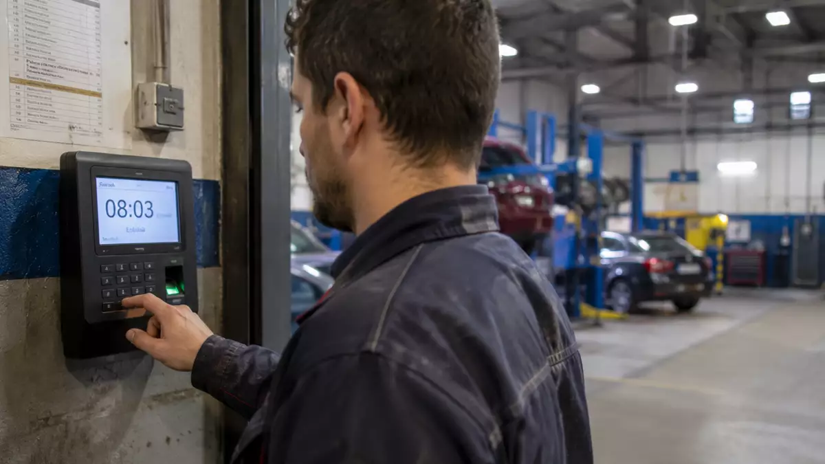 Worker in coveralls clocks in at a wall-mounted time clock in an auto shop.