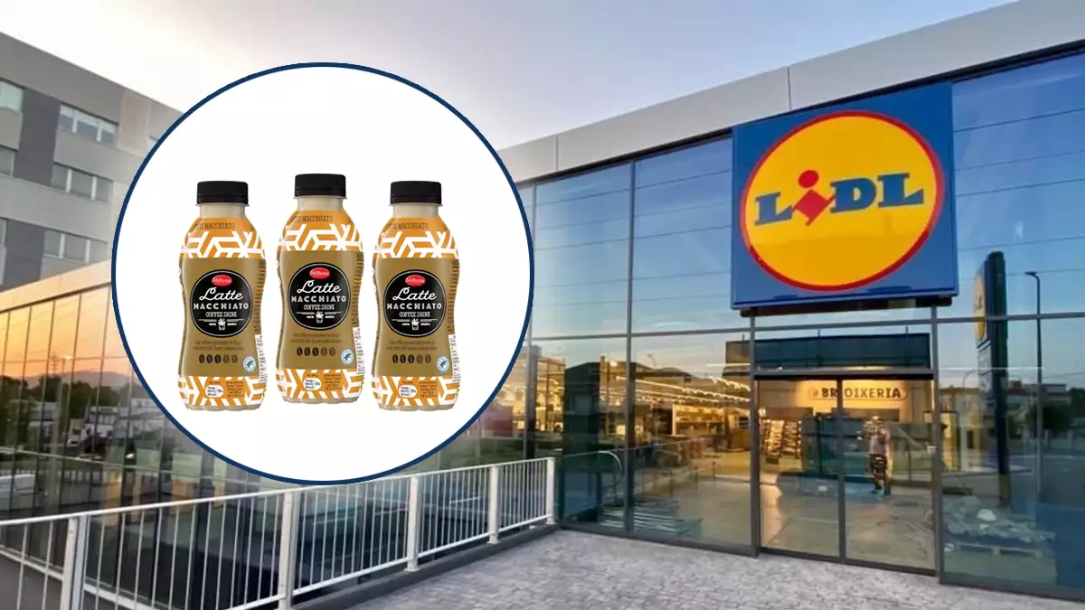 Lidl storefront with sign; inset shows three bottles of latte macchiato promotional drink.