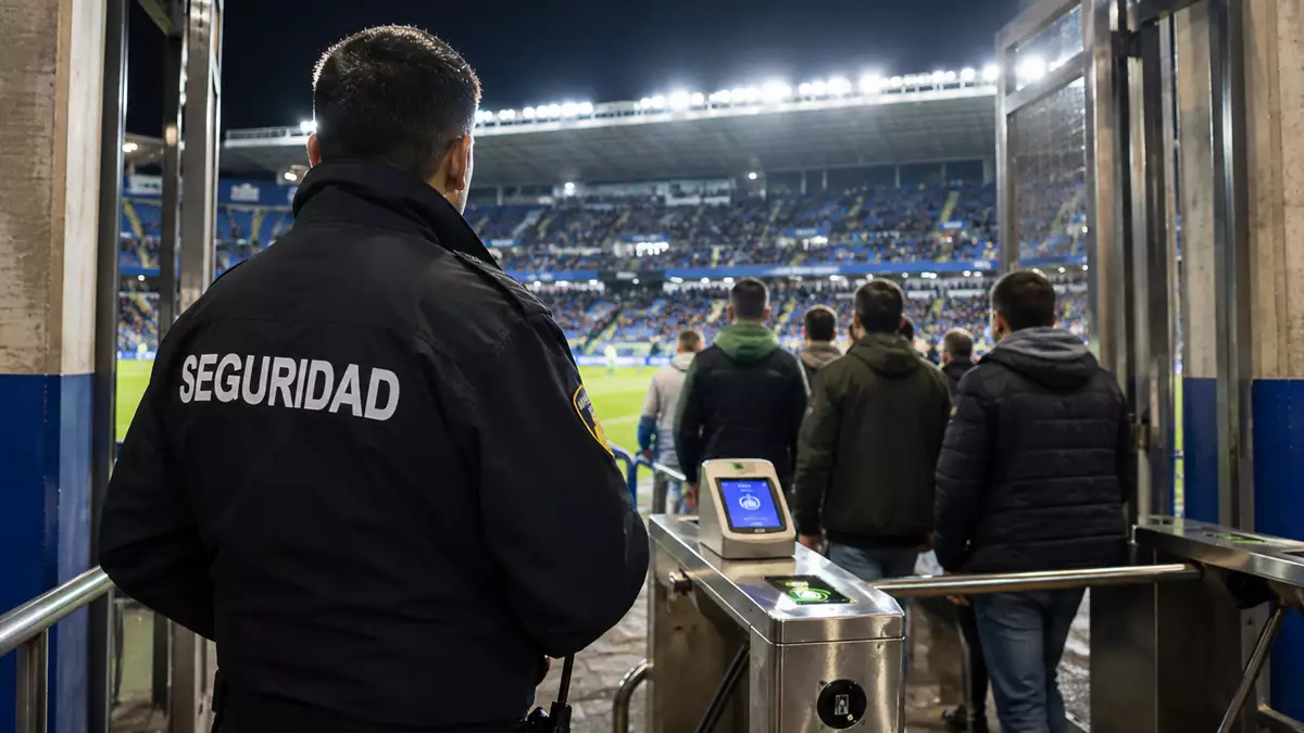Vigilante de seguridad trabajando en el acceso a un estadio de fútbol